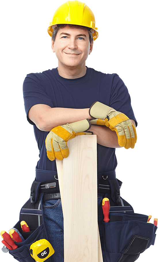 Construction worker with gloves holding wooden plank.